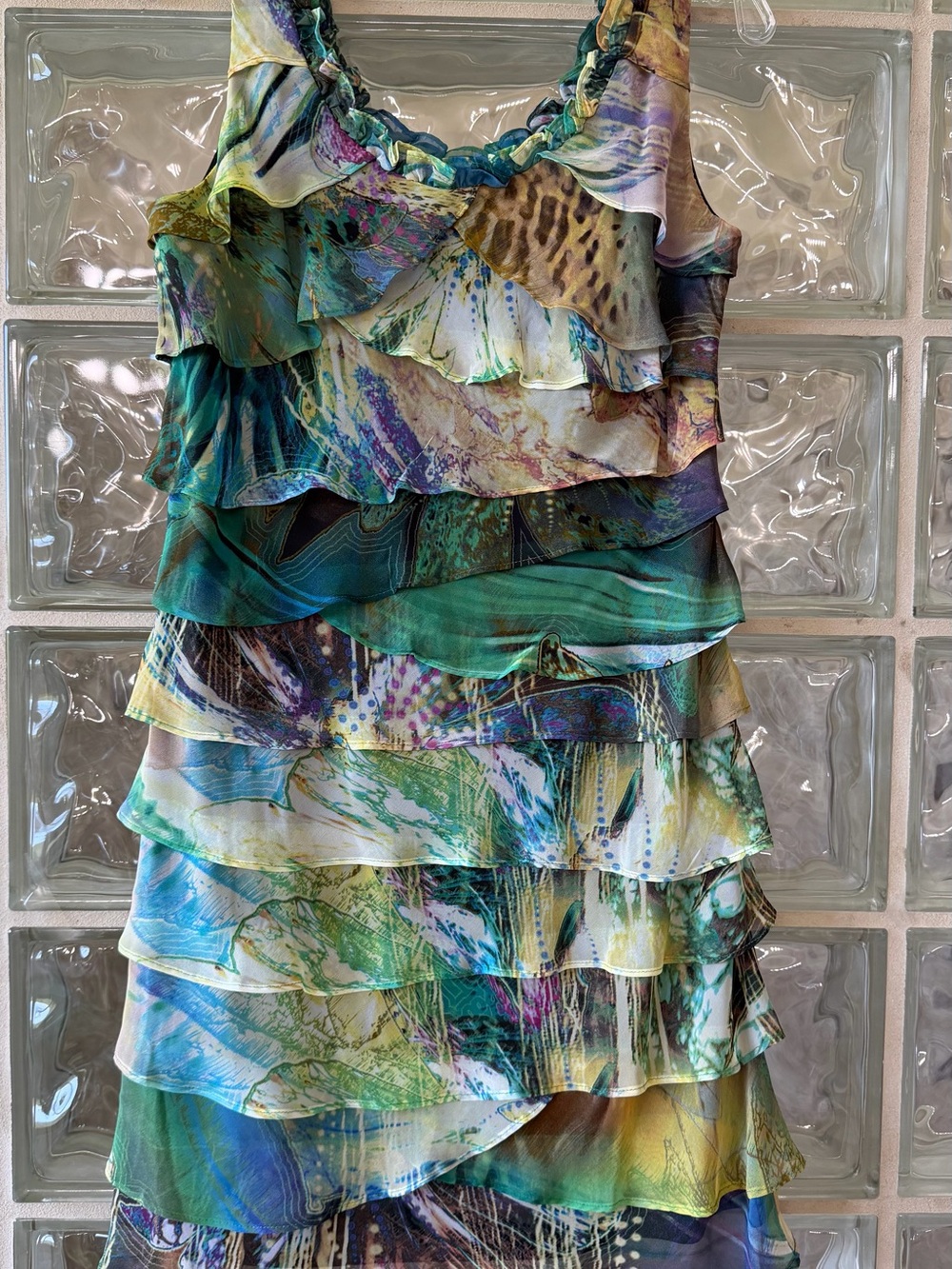 S.L. Fashions Multicolor Ruffle Tiered Mini Dress in Green, Blue, Purple